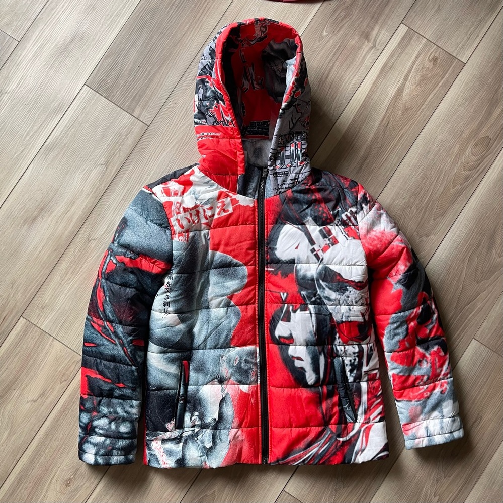 ShadowBanned.US Red Hooded Puffer Jacket with different pronts